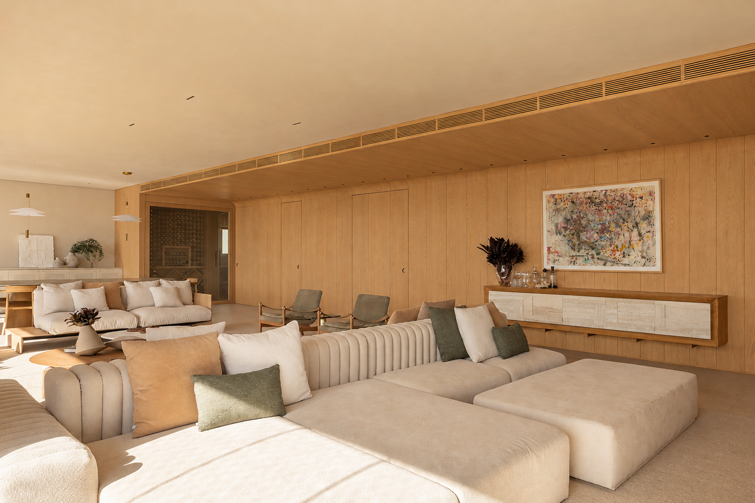Full wood wall panels in a warm contemporary living room